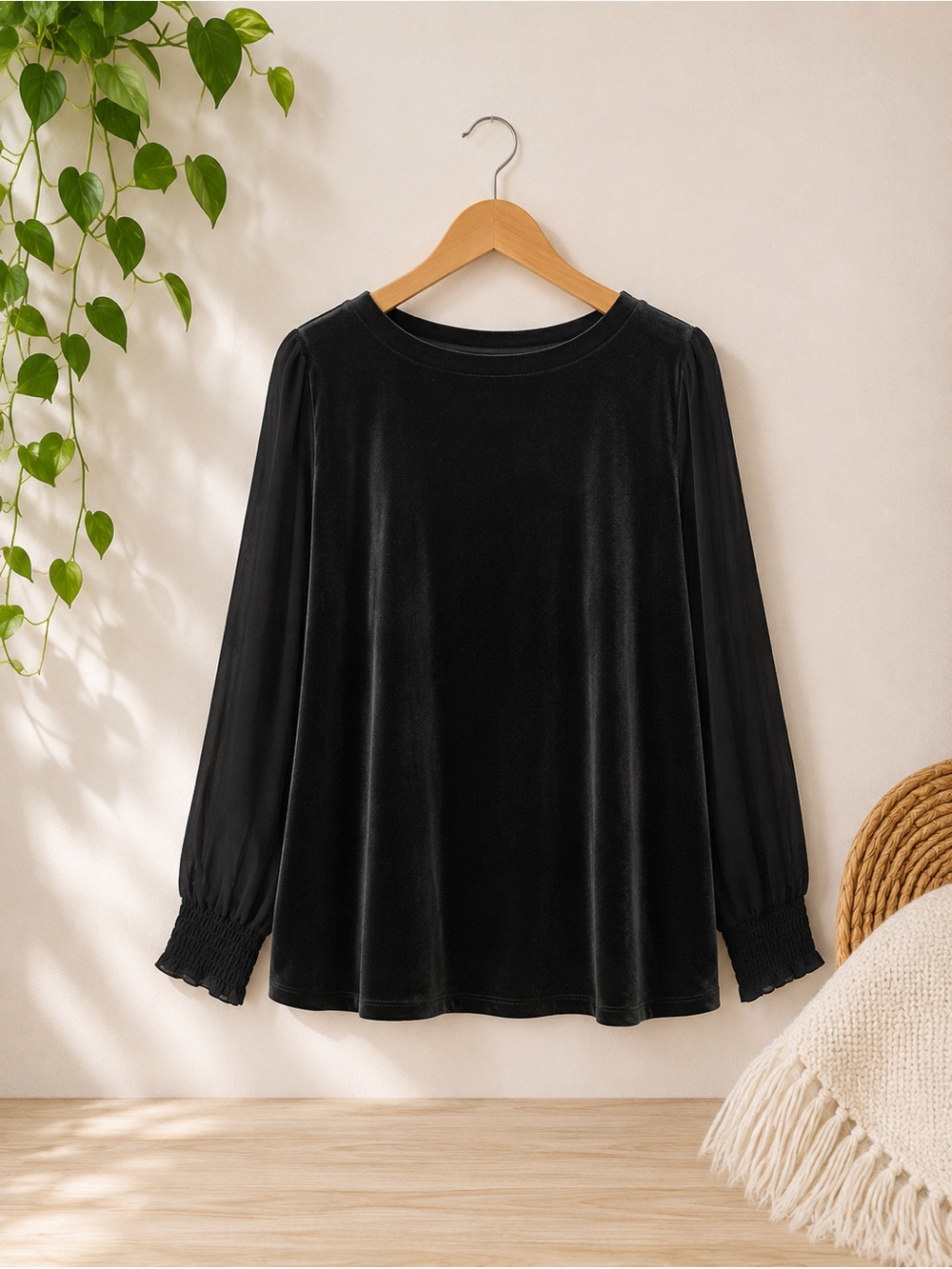 J. Jill Black Velvet Long-Sleeve Blouse-SZ L